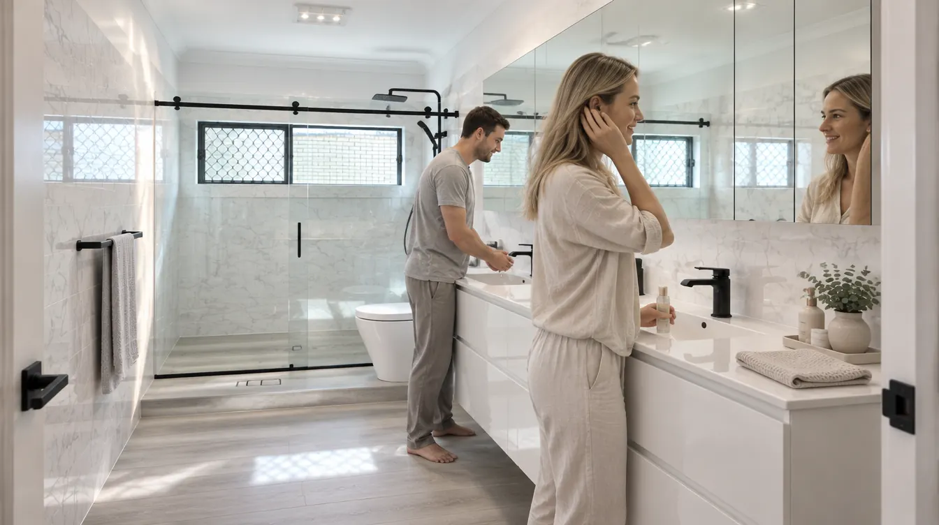 Happy couple enjoying their newly renovated, modern bathroom with walk-in shower and double vanity