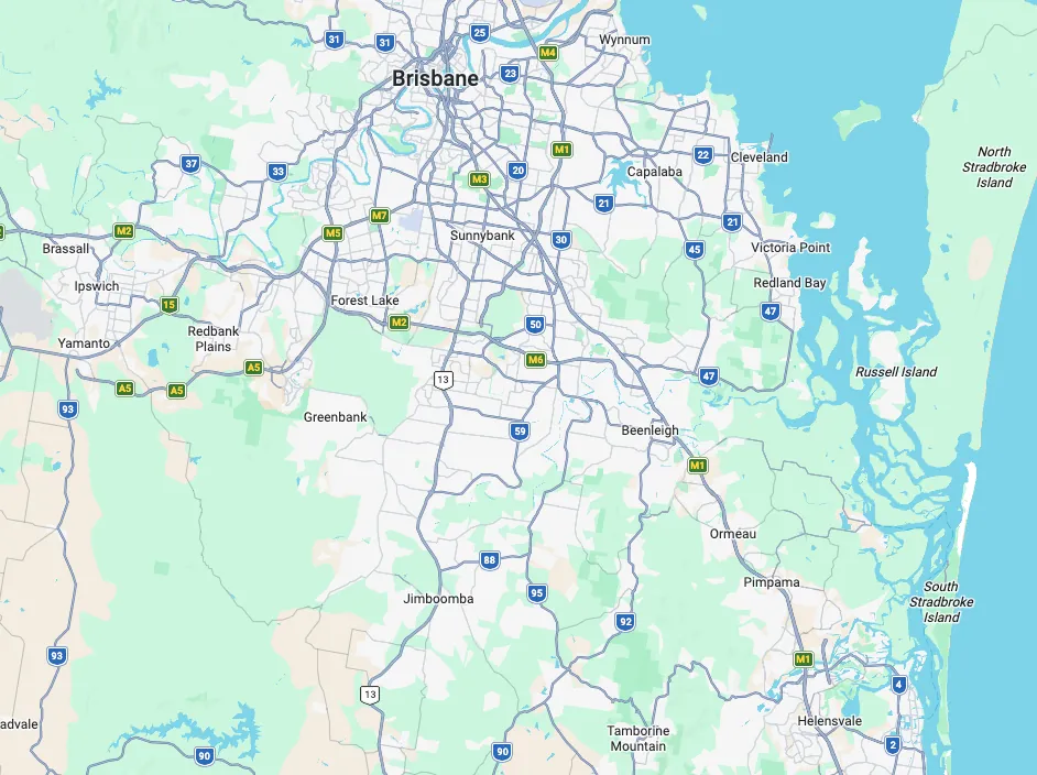 Map of the service area covering Brisbane, Ipswich, Logan and the Gold Coast corridor, from Brassall and Ipswich in the west to Capalaba, Cleveland and Victoria Point in the east