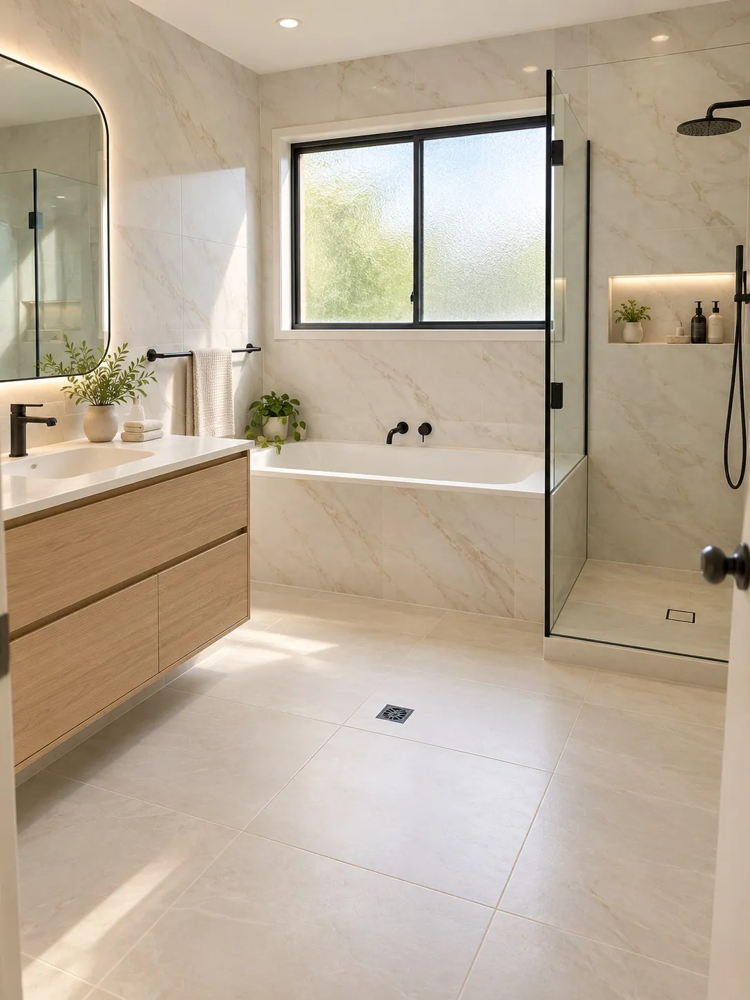 Renovated bathroom with a floating oak vanity and backlit mirror, matte black tapware, a tiled bathtub under a black-framed frosted window, and a glass walk-in shower