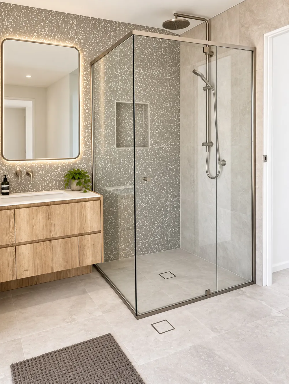 Bathroom with timber vanity, illuminated mirror, terrazzo feature wall and glass shower enclosure
